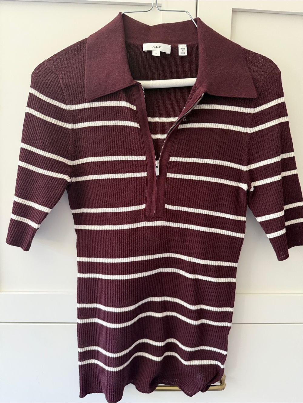A.L.C. Burgundy and White Striped Zip Polo V‑Neck Sweater
